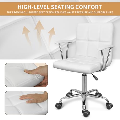 ERGOSEAT Home Office Desk Chair with Armrest and Wheels, Modern PU Leather Mid-Back Office Task Chair, Height Adjustable Swivel Computer Chairs for Home Office, White