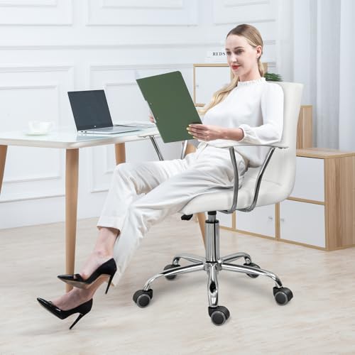 ERGOSEAT Home Office Desk Chair with Armrest and Wheels, Modern PU Leather Mid-Back Office Task Chair, Height Adjustable Swivel Computer Chairs for Home Office, White