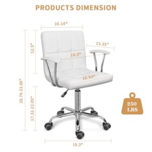 ERGOSEAT Home Office Desk Chair with Armrest and Wheels, Modern PU Leather Mid-Back Office Task Chair, Height Adjustable Swivel Computer Chairs for Home Office, White