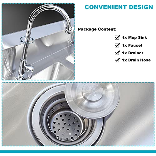 Commercial Floor Mop Sink, Stainless Steel Mop Sink, Floor-Standing Mop Sink with Drainage Holes, Drainage Pipes And Faucet