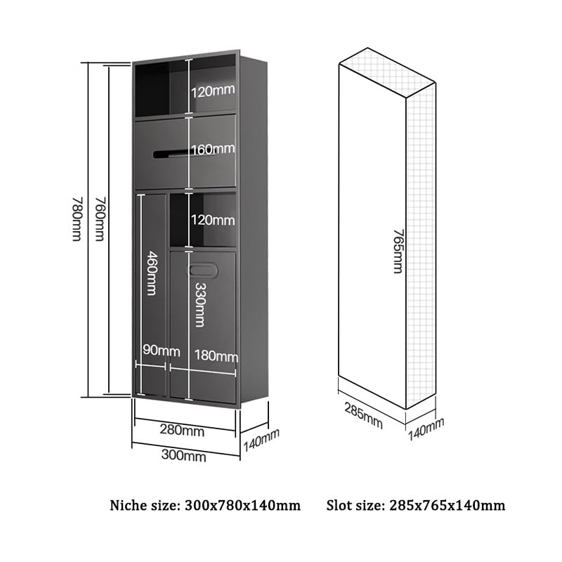 PFCDZDU Shower Niche, No Tile Recessed Stainless Steel Wall Niche With Trash Can, Double-Layer Vertical Shelf Insert Organizer For Bathroom Storage(Black,30x78x14cm)