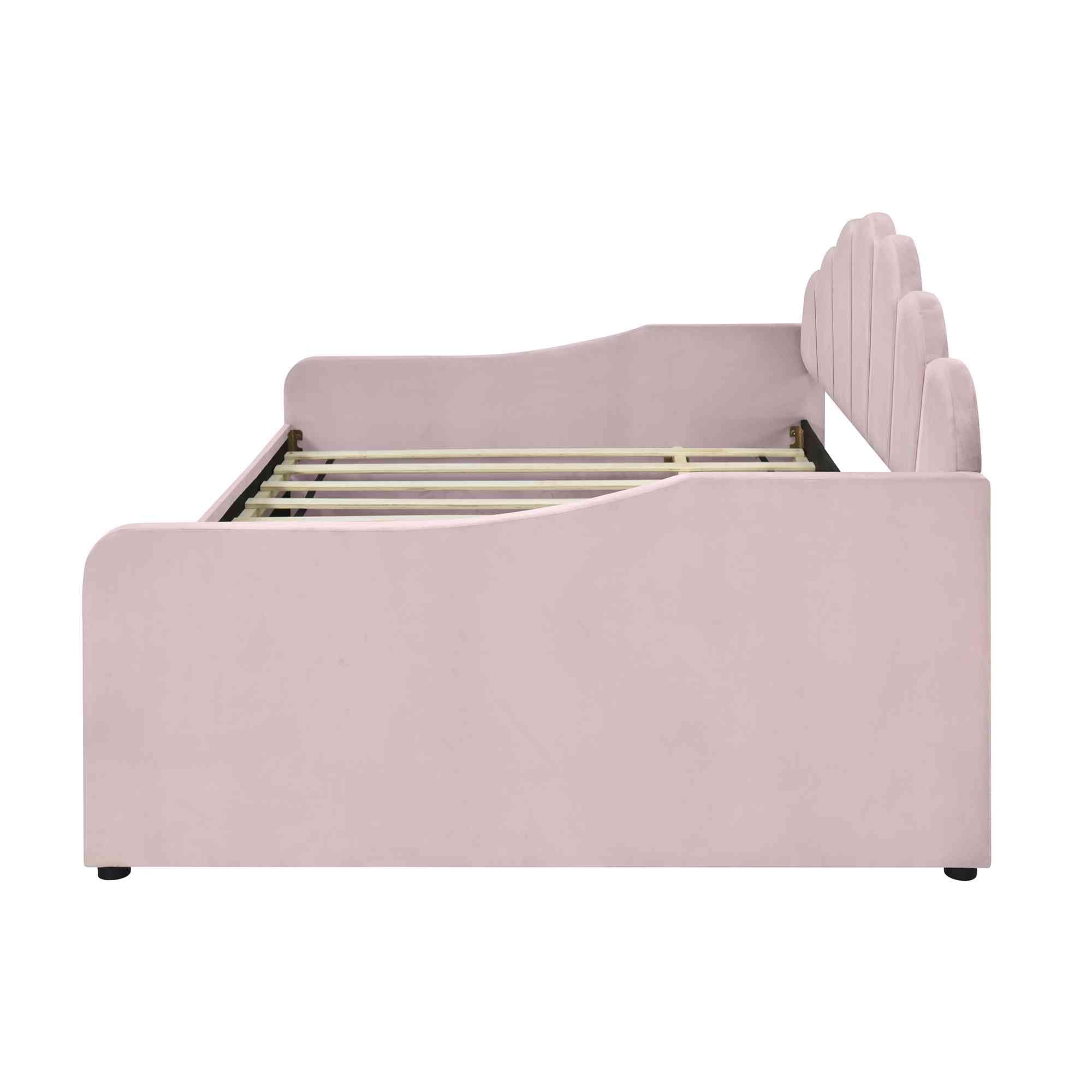 ATY Full Size Upholstery Daybed with Trundle and Backrest, Shall Shaped Bedframe, Sofa Design, for Bedroom, Guestroom, Small Space, Pink