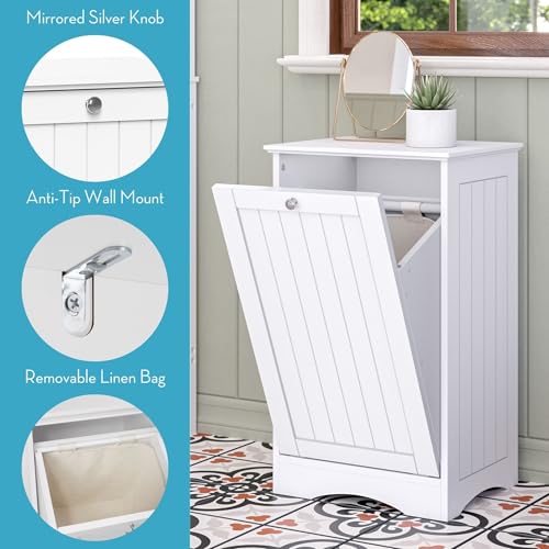 RiverRidge Ashland Tilt Out Laundry Hamper with Beadboard Design - Spacious Top Shelf, Removable Cloth Bag & Silver Knob - White Laundry Cabinet for Towels & Clothes Storage - Laundry Room Cabinets