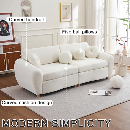 Deap Seat Curved Modular Sectional Sofa Teddy Fleece Upholstered Cloud Couch with 5 Decorative Throw Pillows,Modern Luxury 3-Seat Boucle Leisure Sofá with Solid Wood Legs for Living Room Office