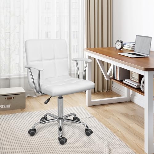 ERGOSEAT Home Office Desk Chair with Armrest and Wheels, Modern PU Leather Mid-Back Office Task Chair, Height Adjustable Swivel Computer Chairs for Home Office, White