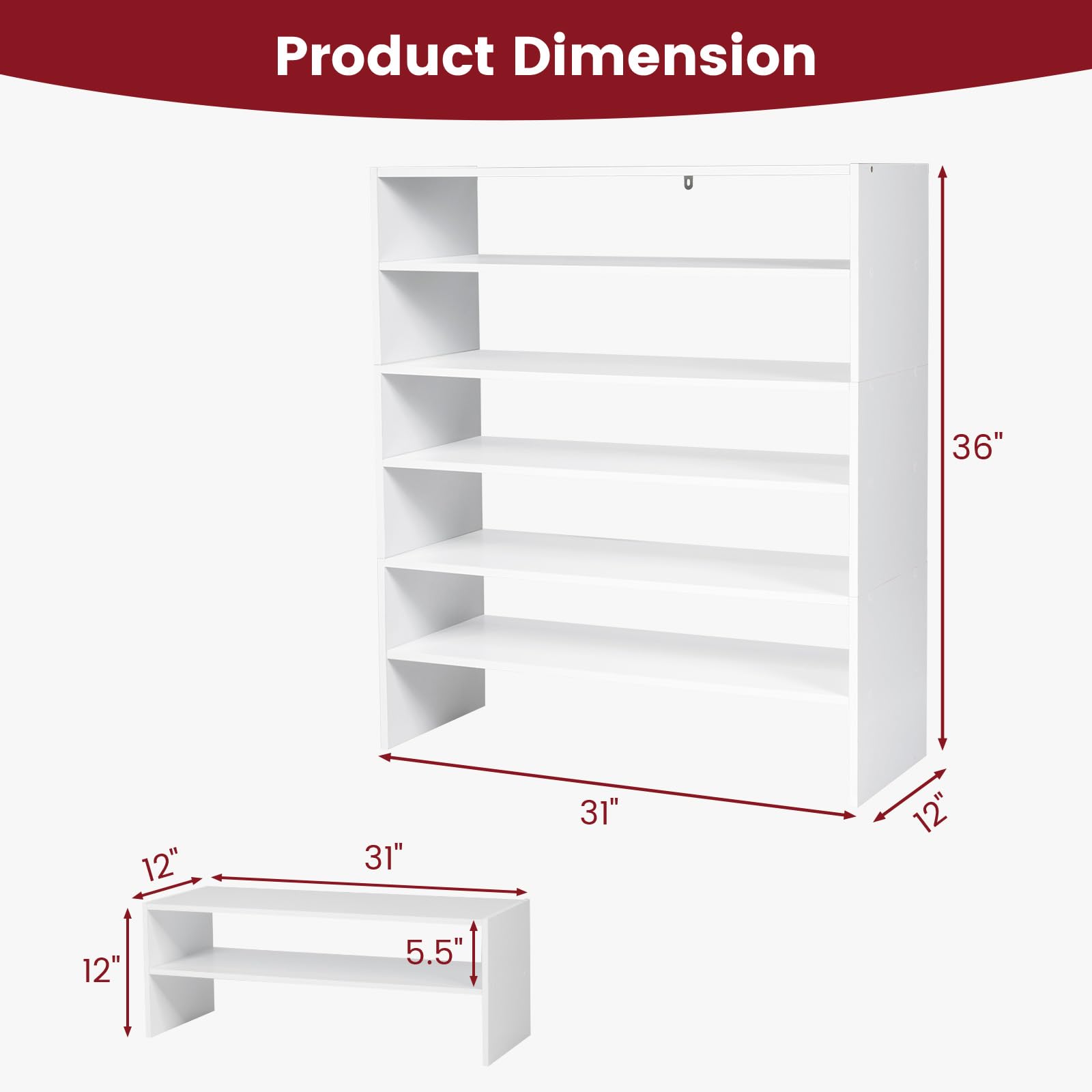 Tangkula 6-Tier Vertical Shoe Rack, Space Saving Corner Shoe Shelf with Stackable Design for 36 Pairs, 3-in-1 Adjustable Storage Shoe Stand for Front Door Entryway (2, White)