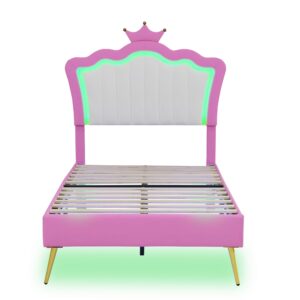 Linique Twin Size Upholstered Bed Frame with LED Lights, Modern Upholstered Princess Bed with Crown Headboard, Pink+White