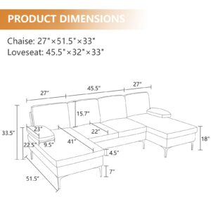 Lakifun Modular Sectional Sofa Couch for Living Room, U Shaped Convertible Lounge Sofa with Loveseat & Double Chaise, 4 Seater Comfy Fabric Couch Set for Home Office (Gray)