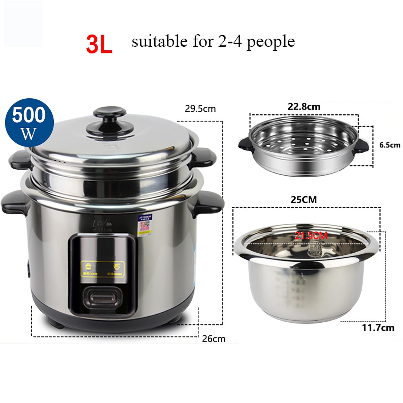 ZHUIYI Rice Cooker (2-6L) 304 Stainless Steel Inner Pot, Intelligent Insulation, Make Rice & Steam Food & Vegetables, 220-240V US/EU Power(3L)