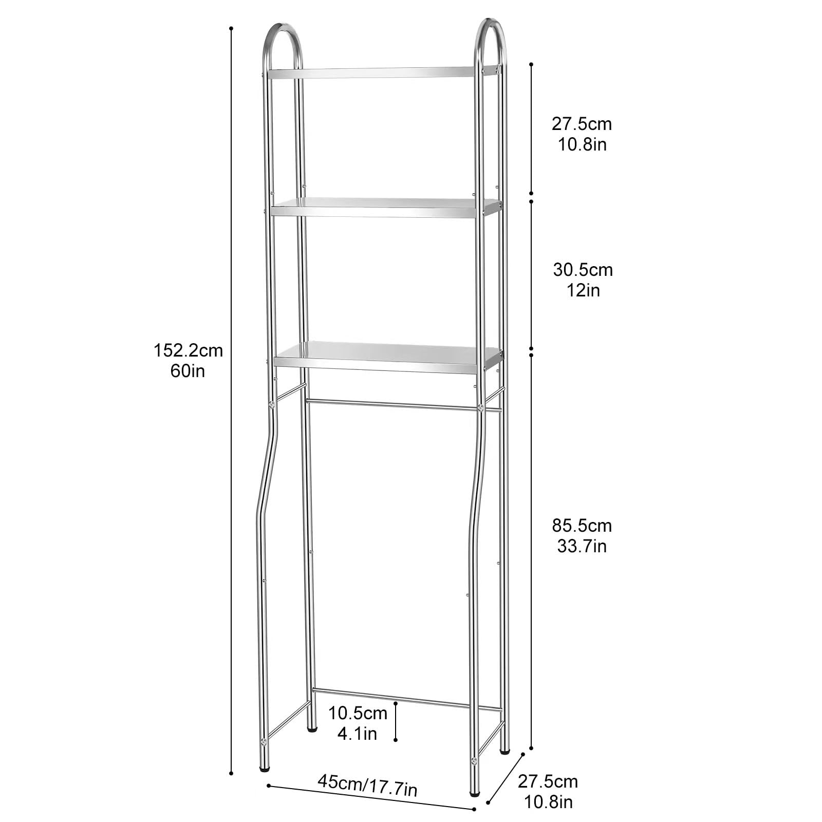 Eidustor Over The Toilet Storage Stainless Steels 3-Tier Over Toilet Bathroom Organizers with 4 Hooks and Adjustable Feet Pad, Space Saver Above Toilet Shelf Rack for Bathroom, Restroom, Laundry