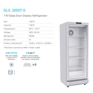 GRS Glass Door Display Refrigerator - 7.1 Cubic Feet Display Beverage Light Commercial Fridge, eCooler System, Adjustable Shelves, Ideal for Convenience Stores - White