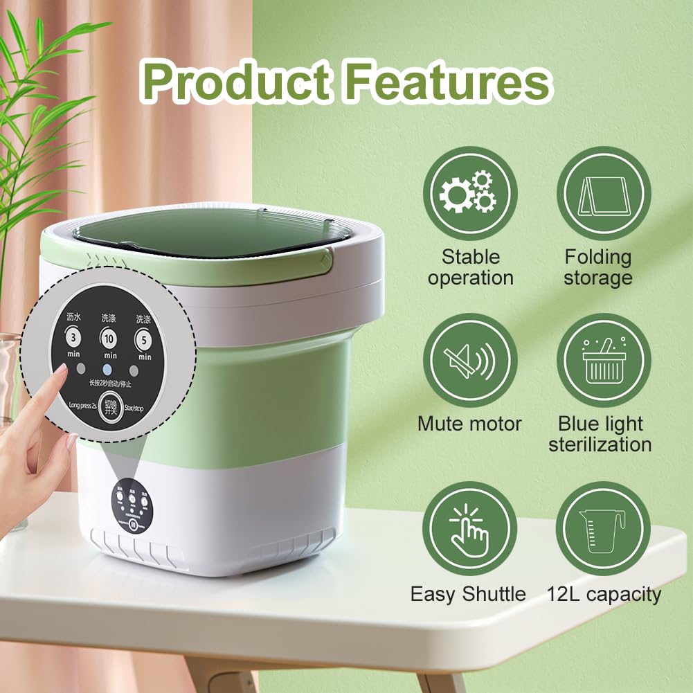 Portable Washing Machine, 12L Upgraded Large Capacity Foldable Mini Washer, Deep Cleaning for Underwear, Baby Clothes, and Small Clothes, Suitable for Apartments, Dormitories, Hotels