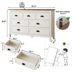 HOUROM Farmhouse White Dresser for Bedroom, 7 Drawer Dresser with Vintage Black Handle, Wide Wood Dressers & Chests of Drawers for Hallway, Entryway, Antique White