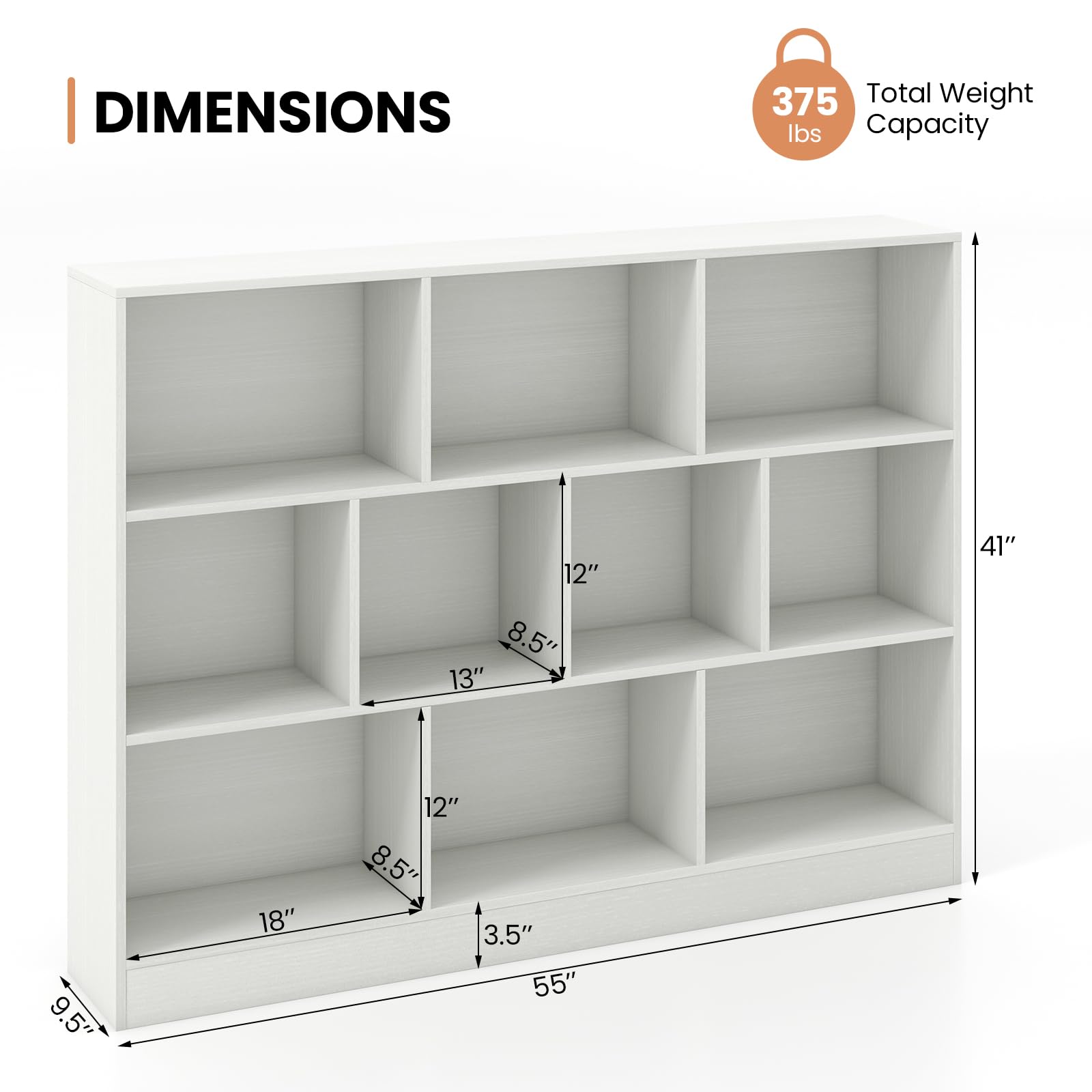 Costzon Montessori Shelf, 10-Section Toy Storage Organizer for Books Toys, 3 Tier Wooden Storage Cabinet, Kids Bookshelf for Playroom, Preschool, Classroom, Daycare (White)