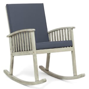 merax outdoor rocking chair, acacia wood ready lazy sofa seating with cushion for patio, front porch, balcony, indoor, grey