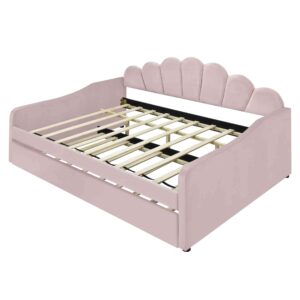 ATY Full Size Upholstery Daybed with Trundle and Backrest, Shall Shaped Bedframe, Sofa Design, for Bedroom, Guestroom, Small Space, Pink