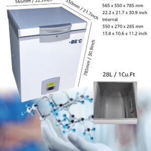 Bonxrdun Lab Deep Freezer, 28L, -86℃(-122.8℉) Ultra Low Temperature Freezer, Medical Freezer with Rollers, Laboratory Refrigerator for Storage, Research