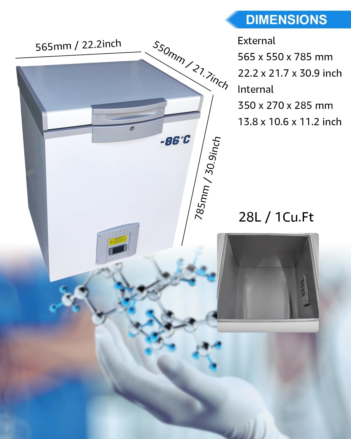 Bonxrdun Lab Deep Freezer, 28L, -86℃(-122.8℉) Ultra Low Temperature Freezer, Medical Freezer with Rollers, Laboratory Refrigerator for Storage, Research