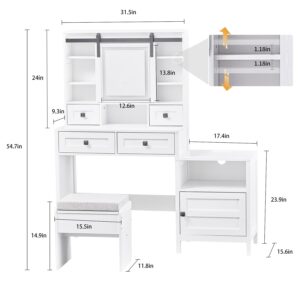 MECHYIN Farmhouse Makeup Vanity Desk with Sliding Mirror and Lights, 49'' White Vanity with Nightstand & Power Outlet, Vanity Table with Drawers, Storage Shelves, Makeup Vanity Table Set with Stool