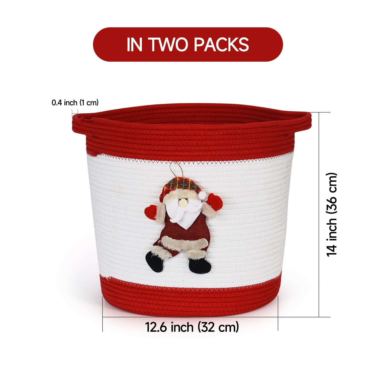 BinWhiz Christmas Gift Basket, 12.6" x 14" Santa Claus Decorative Rope Woven Basket, Festival Storage Bins with Handles for Shelves, 2 Pack