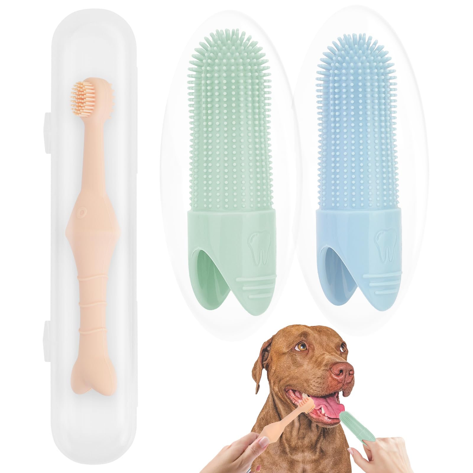 YELUFT Dog Toothbrush, Dog Tooth Brushing Kit with 360° Finger Toothbrush and Dual Head Dog Cat Toothbrush, Food Grade Silicone Dog Teeth Cleaning Kit, 3pcs Ultra-Soft Pet Dog Dental Care Toothbrush