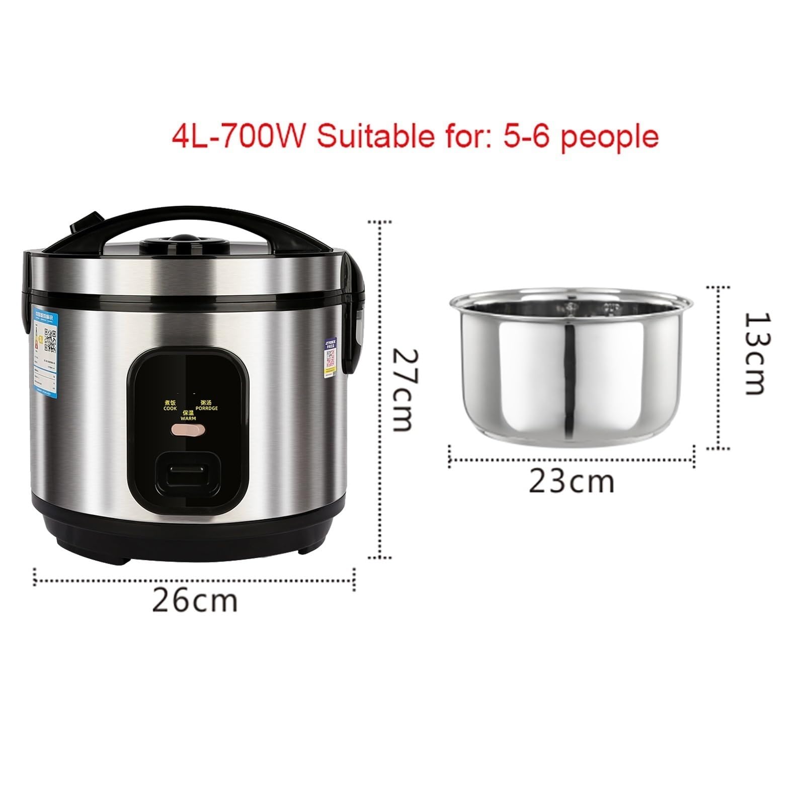 ZHUIYI Rice Cooker (2-5L) 304 Stainless Steel Inner Pot, Intelligent Insulation, Make Rice & Steam Food & Vegetables, 220-240V US/EU Power(4L)