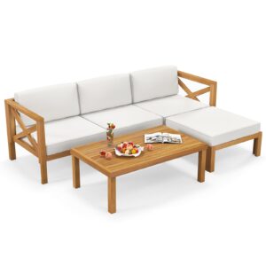 tangkula 5 piece outdoor conversation furniture set, acacia wood sectional sofa set with 3 chairs, 1 ottoman & 1 coffee table, patio cushioned sofa set for porch, yard, poolside (off white)