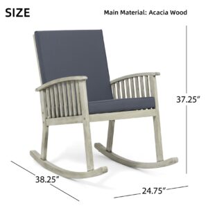 Merax Outdoor Rocking Chair, Acacia Wood Ready Lazy Sofa Seating with Cushion for Patio, Front Porch, Balcony, Indoor, Grey