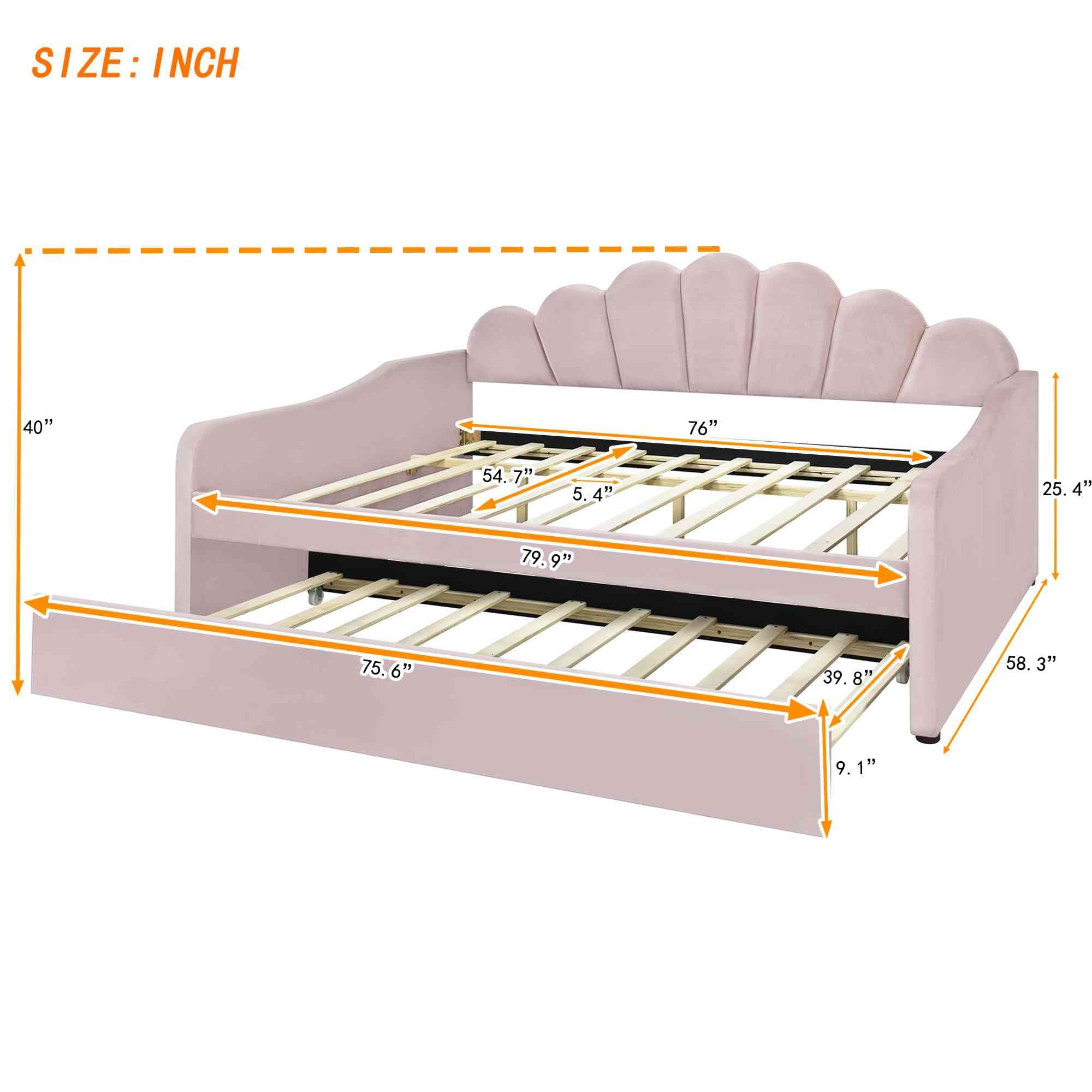 ATY Full Size Upholstery Daybed with Trundle and Backrest, Shall Shaped Bedframe, Sofa Design, for Bedroom, Guestroom, Small Space, Pink