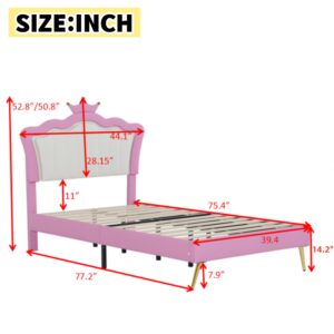 Linique Twin Size Upholstered Bed Frame with LED Lights, Modern Upholstered Princess Bed with Crown Headboard, Pink+White