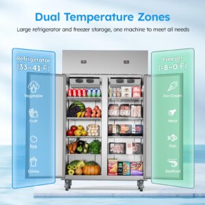 Mojgar Commercial Refrigerator and Freezer Combo,48" W Dual Temperature Zones,All Stainless Steel Design,38 Cu.ft 8 Adjustable Shelves Refrigerator and Freezer Combo for Restuarant,Shop,Garage,etc