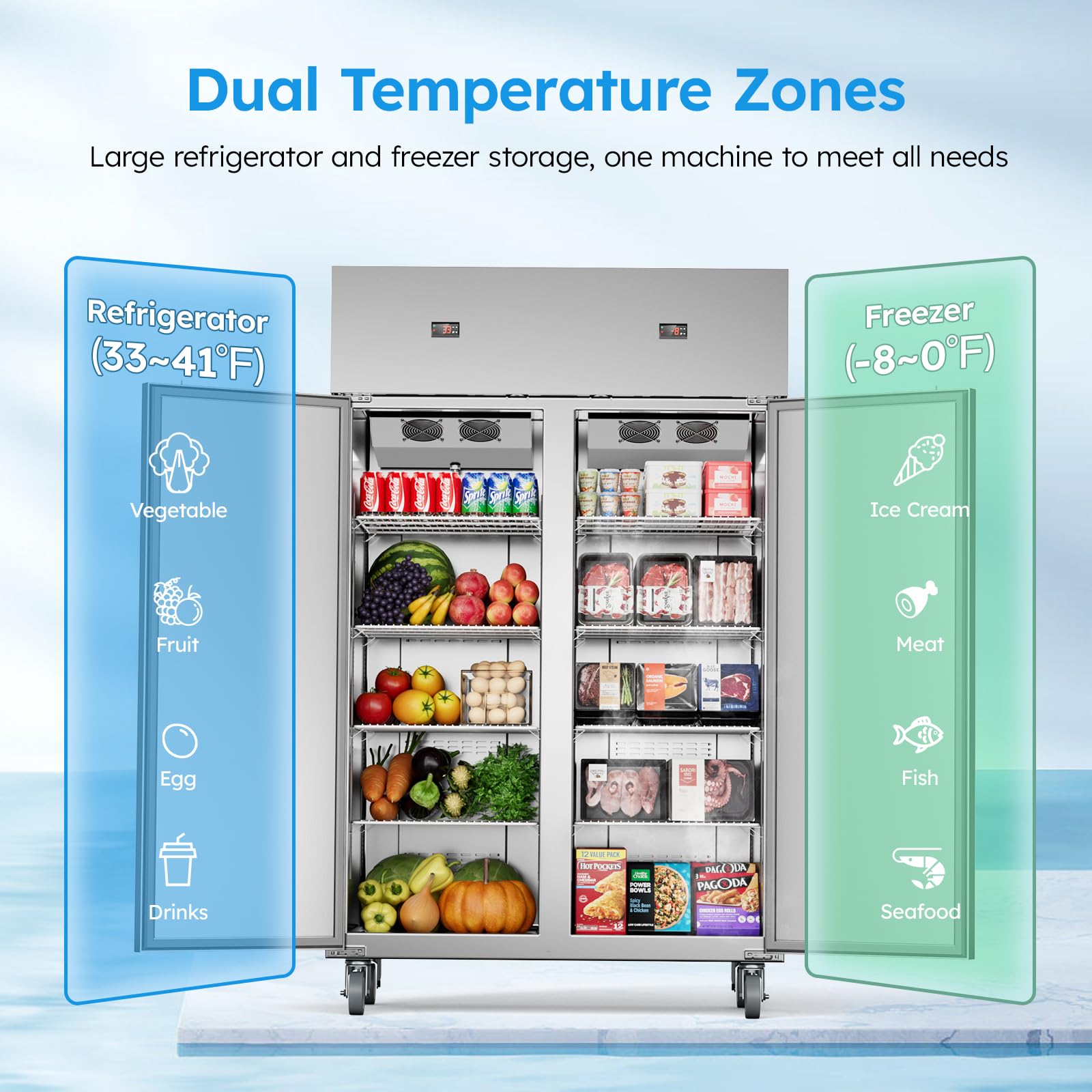 Mojgar Commercial Refrigerator and Freezer Combo,48" W Dual Temperature Zones,All Stainless Steel Design,38 Cu.ft 8 Adjustable Shelves Refrigerator and Freezer Combo for Restuarant,Shop,Garage,etc