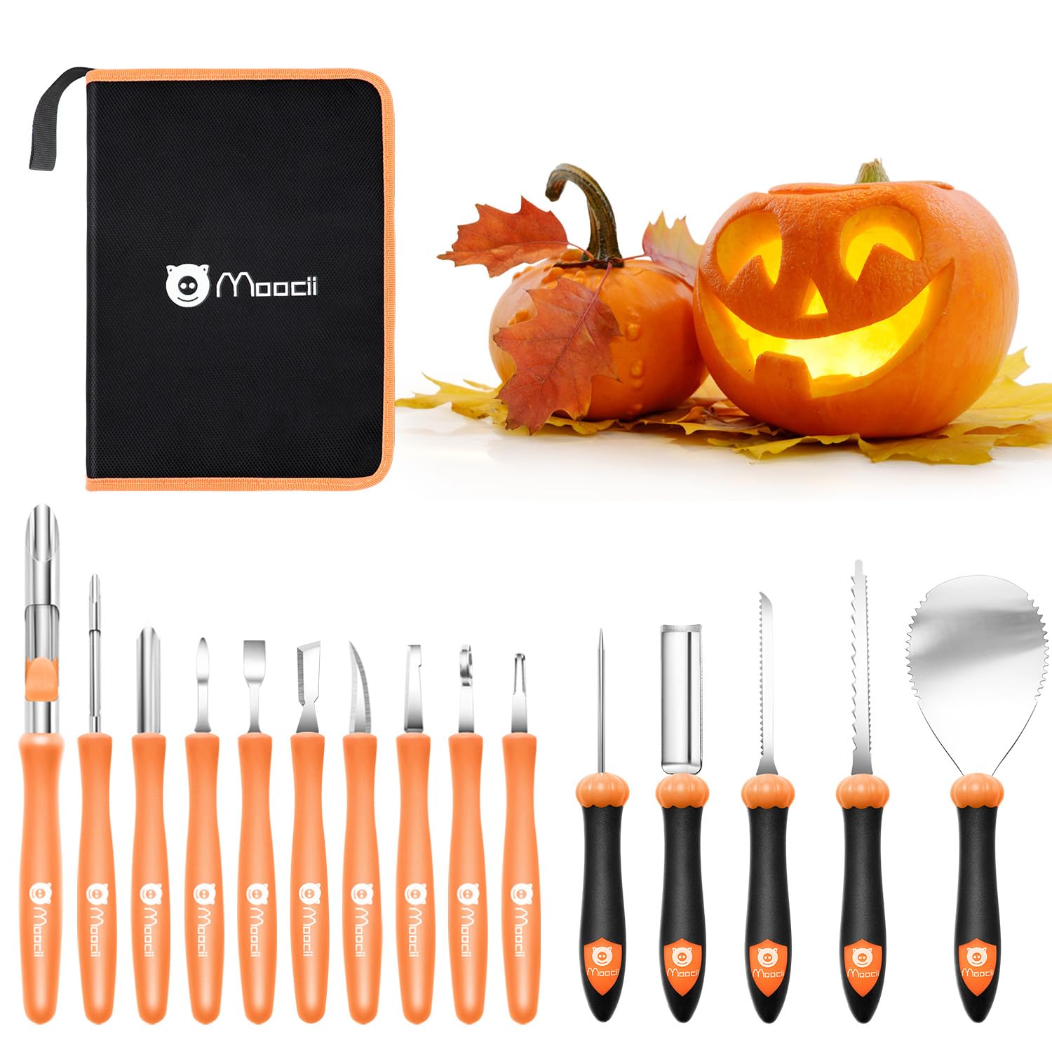 Halloween Pumpkin Carving Tools Kit: 15PCS Professional Heavy Duty Carving Set Stainless Steel Double-Side Sculpting Tool Carver Knife for Jack-O-Lantern DIY Decoration Cutting Sculpting with Handbag