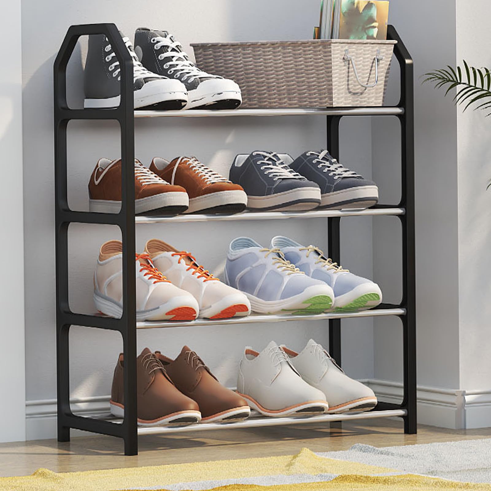 Shoe Rack 4 Layer, Shoe Organizer for Entryway, Storage Shoe Shelf with 4 Tiers Metal Shelves, Assembled Shoe Rack for Bedroom, Closet, Entry, Hallway, Slatted Design for Ventilation Drainage