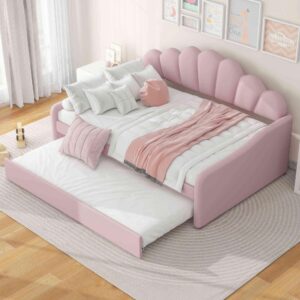 ATY Full Size Upholstery Daybed with Trundle and Backrest, Shall Shaped Bedframe, Sofa Design, for Bedroom, Guestroom, Small Space, Pink