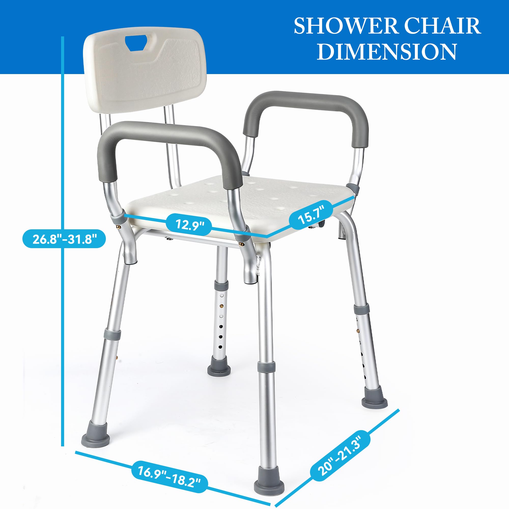 IDEALHOUSE Shower Seat, Adjustable Height Shower Chair, with Padded Armrests and Back, Inside Shower Seat Support 350 Lb Capacity, Slip Resistant Shower Seat for Bathtub