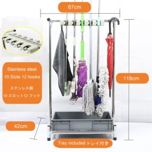 DHWDPO Broom And Mop Holder Put Wet Mops,Movable Commercial Mop Rack, Floor-Mounted Stainless Steel Mop Rack, Umbrella Stand,Garden Tool Storage,with Tray,for Garage,Schools,Factories