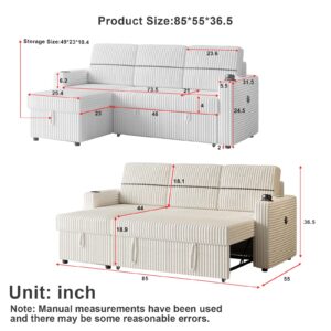 CAPCAEK 85" Corduroy Sofa Bed with Storage Chaise, L Shaped 3 Seat Sectional Couch, Pull Out Sleeper Sofabed with Cup Holders & USB Charge Port for Living Room, Office, Apartment (Beige)