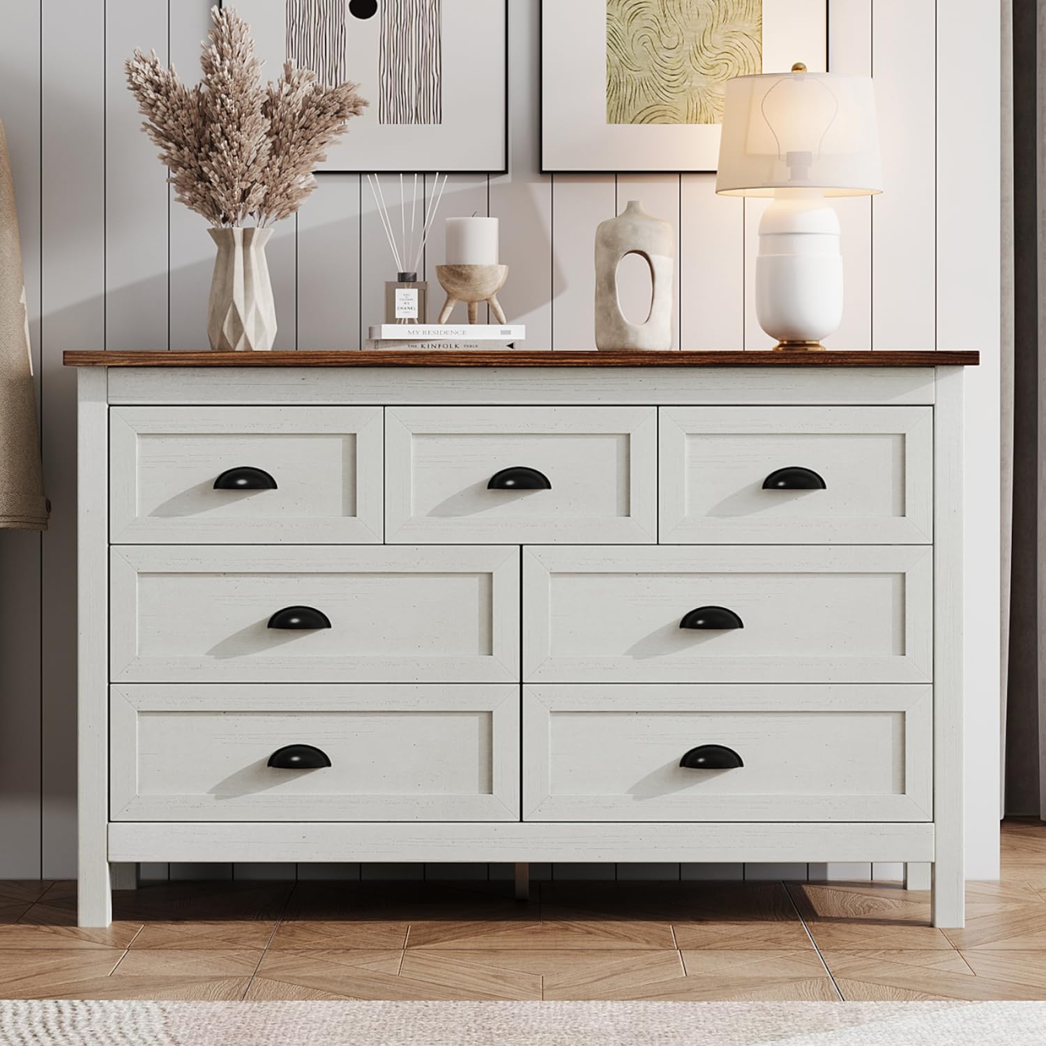 HOUROM Farmhouse White Dresser for Bedroom, 7 Drawer Dresser with Vintage Black Handle, Wide Wood Dressers & Chests of Drawers for Hallway, Entryway, Antique White