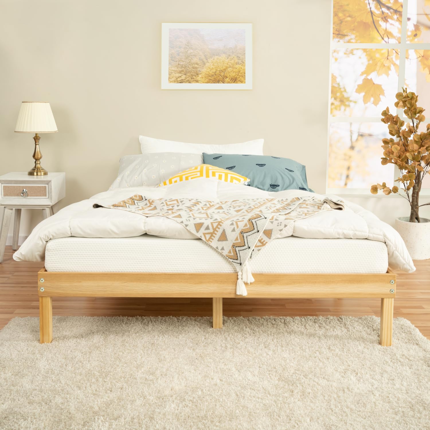 Naomi Home 14 Inch Solid Wood Platform Bed Queen Bed Frame, Pine Wood Queen Platform Bed Frame, No Squeak Bed Frame, Bed Frame Queen Size, No Box Spring Needed, Sturdy Bed Frame - Natural