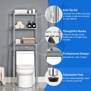 Eidustor Over The Toilet Storage Stainless Steels 3-Tier Over Toilet Bathroom Organizers with 4 Hooks and Adjustable Feet Pad, Space Saver Above Toilet Shelf Rack for Bathroom, Restroom, Laundry