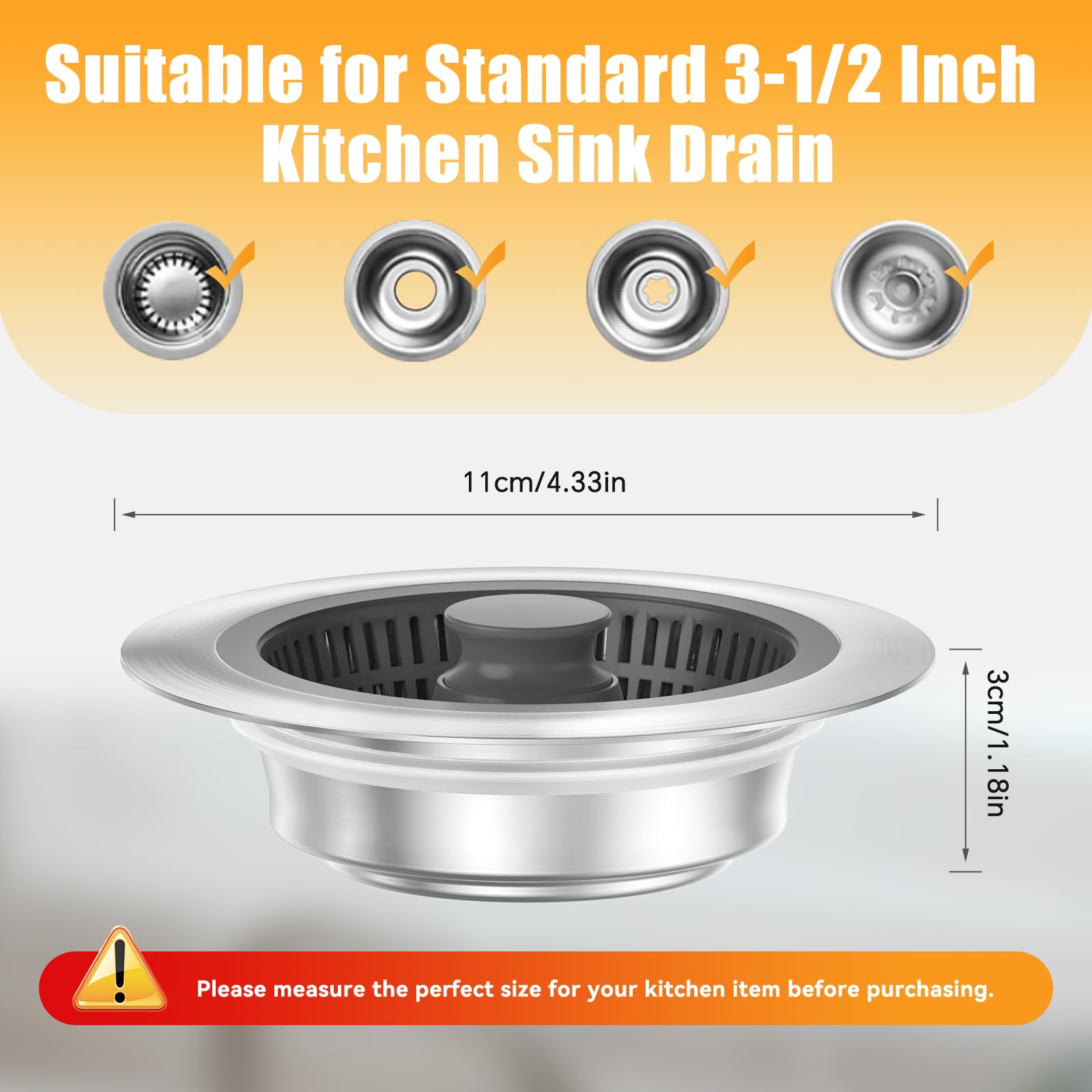 3 in 1 Kitchen Sink Drain Strainer and Stopper, Upgraded Bigger Basket, Pop Up Kitchen Sink Stopper, 304 Stainless Steel, Anti-Clogging Kitchen Sink Drain Stopper for US