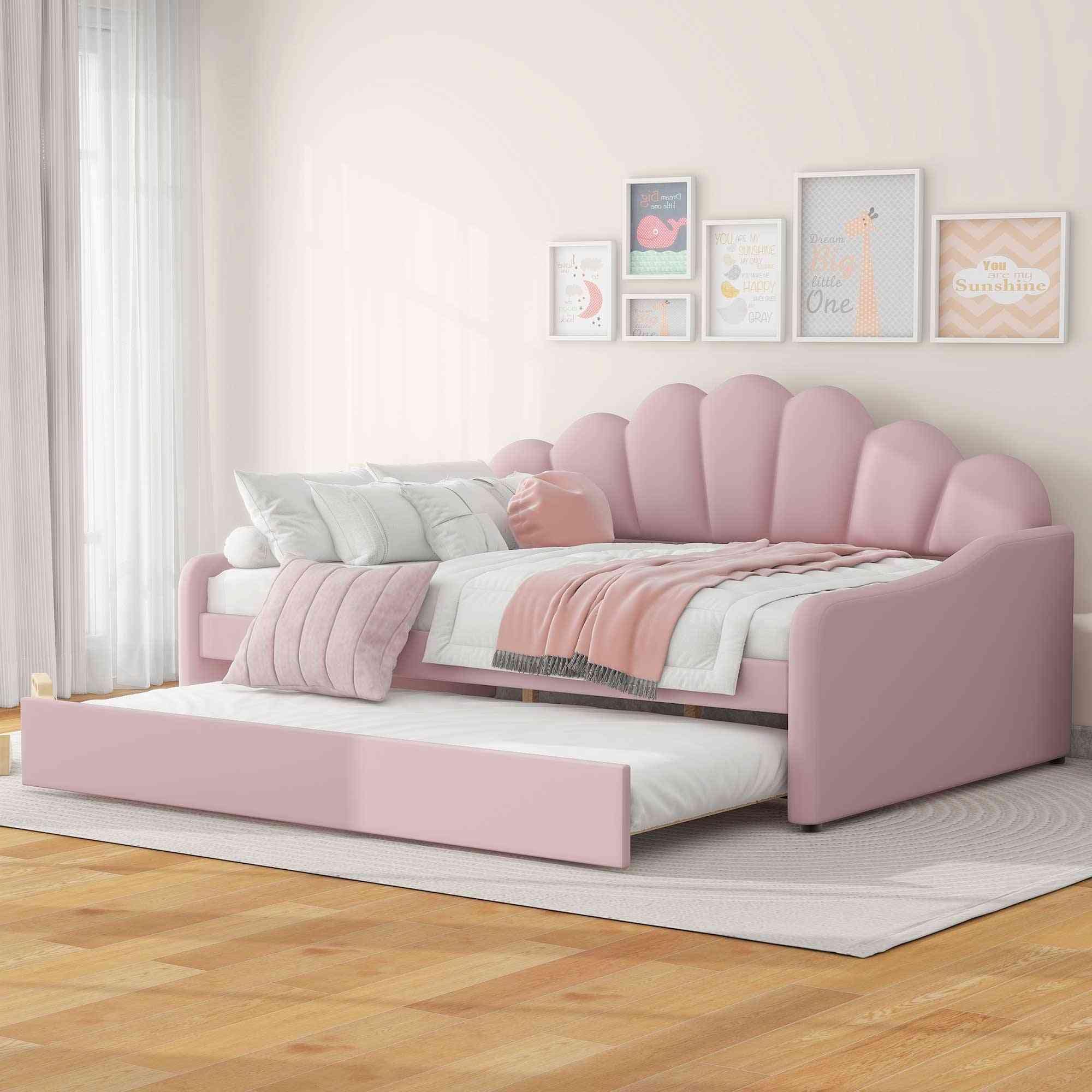 ATY Full Size Upholstery Daybed with Trundle and Backrest, Shall Shaped Bedframe, Sofa Design, for Bedroom, Guestroom, Small Space, Pink