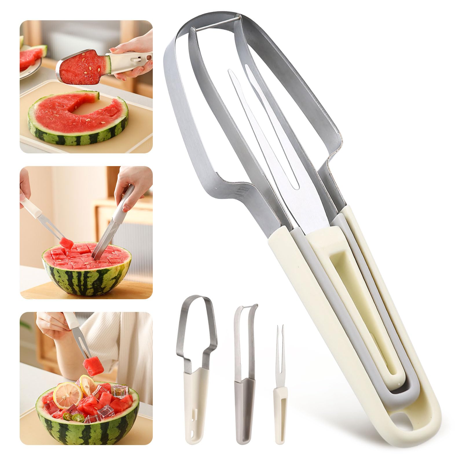 SINGYEIEC 3-in-1 Watermelon Cutter Slicer Tool, Stainless Steel Watermelon Cutter Slicer, Creative kitchen fruit cutter tool, Watermelon Popsicle Mould, melon cutter, portable fruit fork