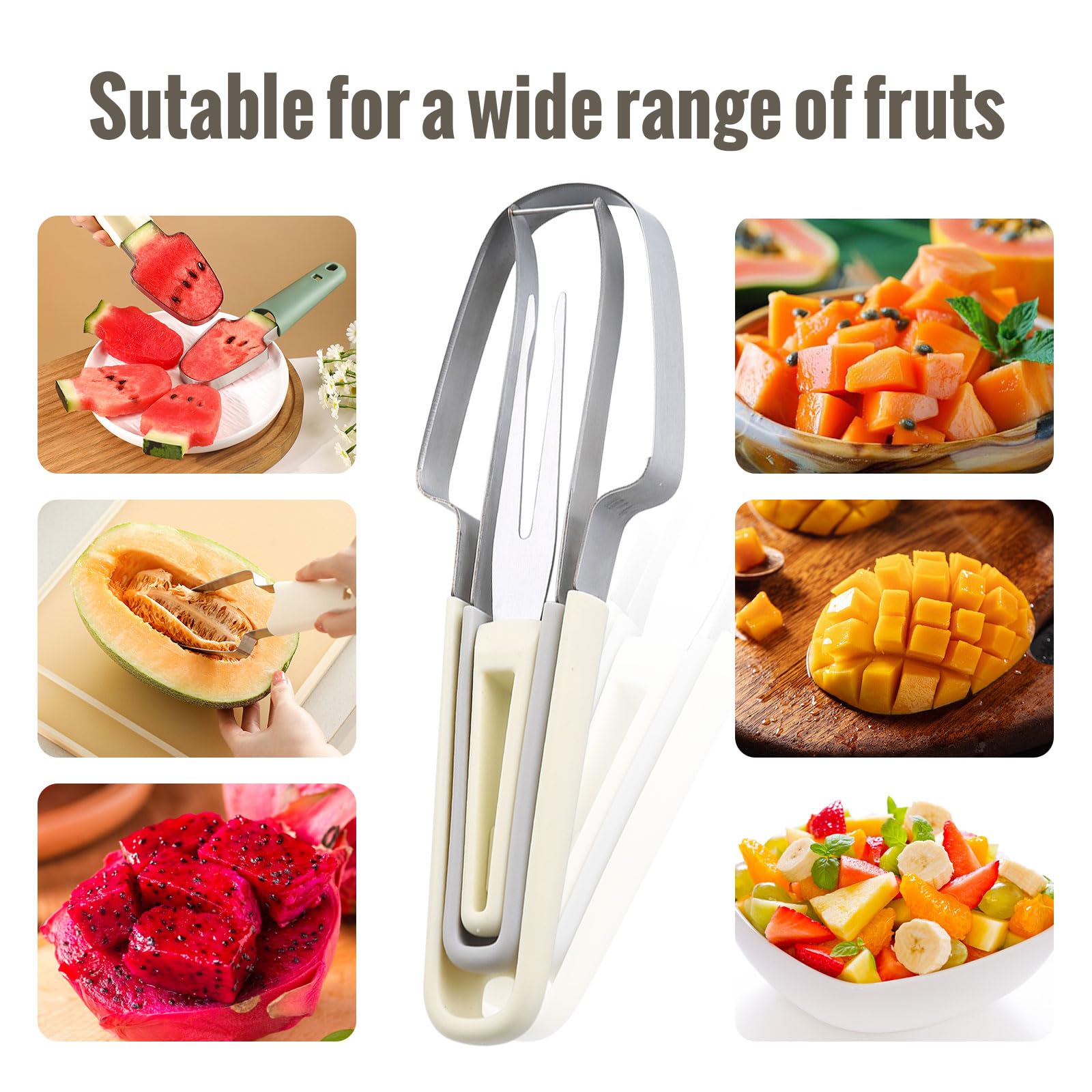 SINGYEIEC 3-in-1 Watermelon Cutter Slicer Tool, Stainless Steel Watermelon Cutter Slicer, Creative kitchen fruit cutter tool, Watermelon Popsicle Mould, melon cutter, portable fruit fork