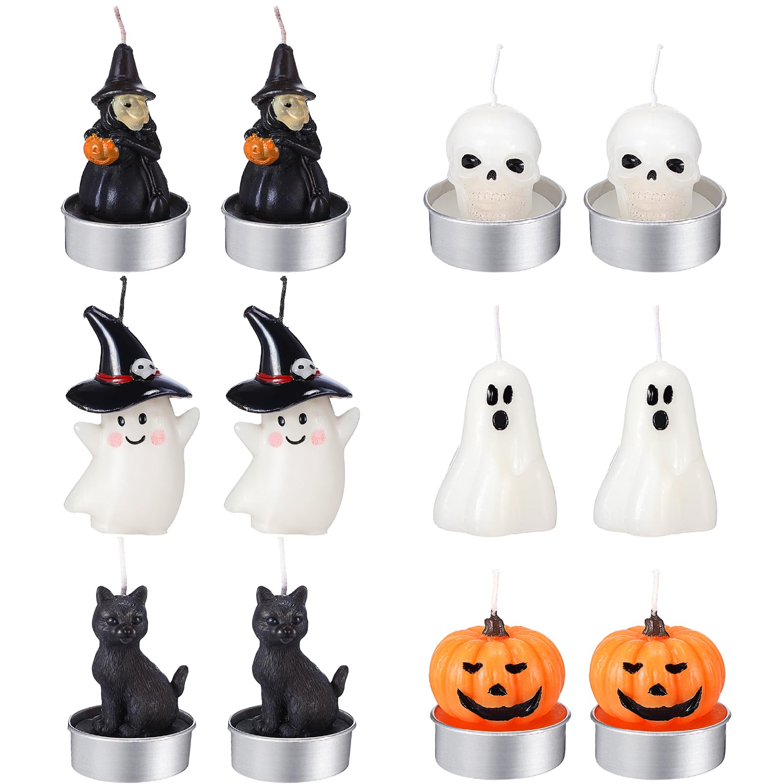 Rossesay 12 Pcs Halloween Decoration Candles Ghost Candles Pumpkin Skeleton Cat Witch Cute Mini Candles White Soy Wax Horror Tea Lights Spooky Candles Set for Autumn Halloween Party Home Decorations