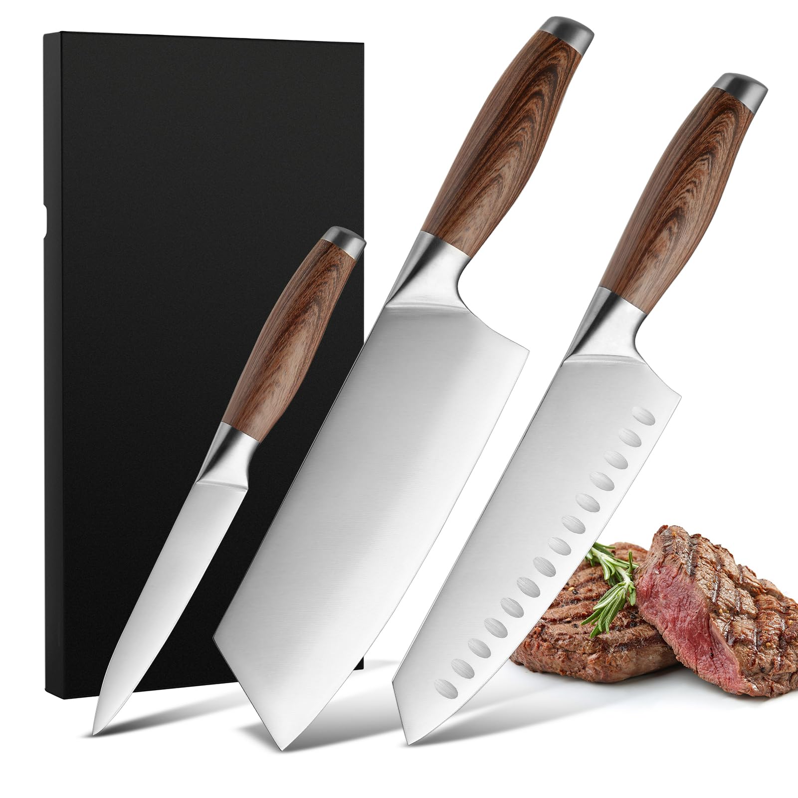 HAOCHUYI 3-Piece Professional Chef Knife Set - Ultra-Sharp Kitchen Knives with Ergonomic Wood Handle, Ideal for Home, Outdoor, Camping, BBQ, and Gifts for Men