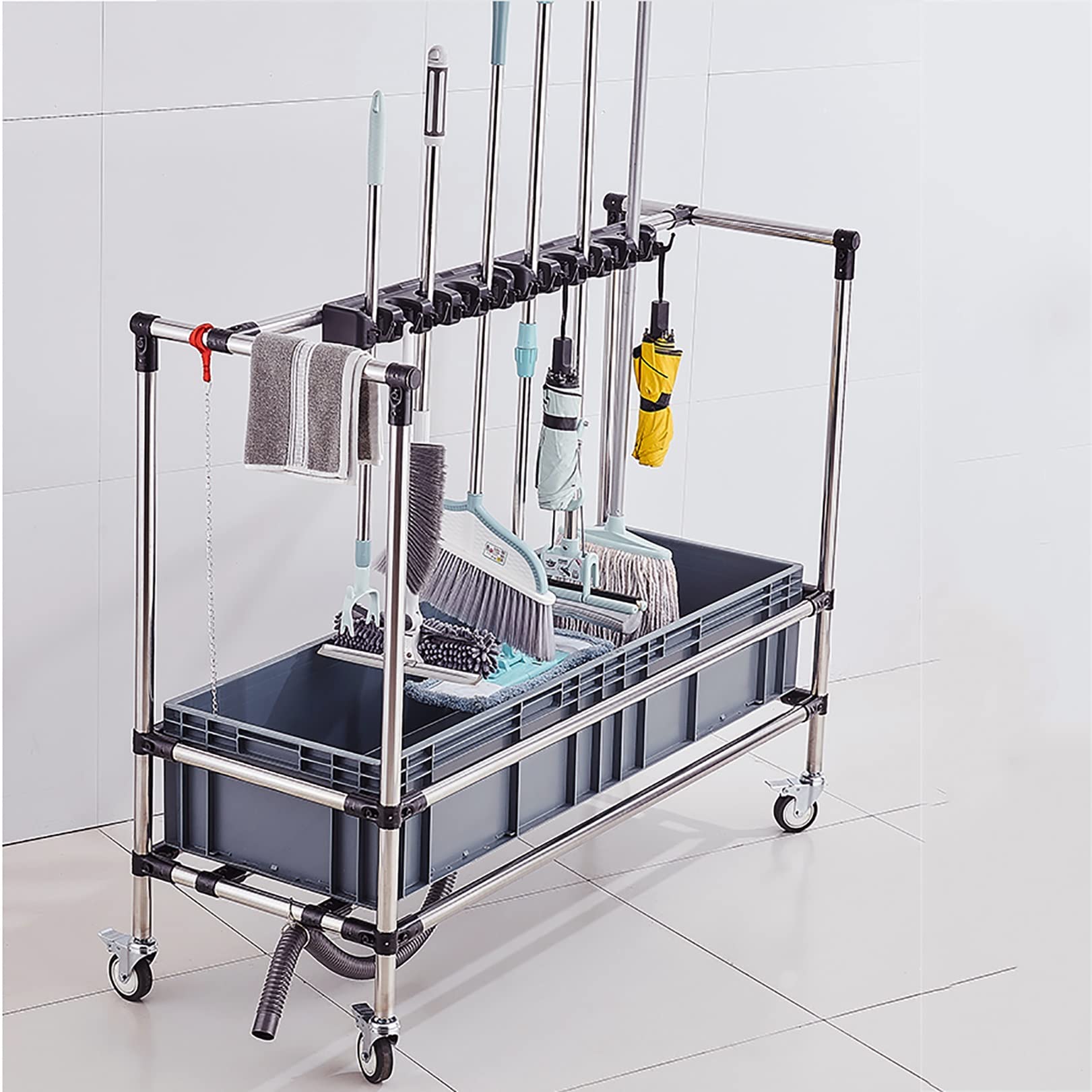 DHWDPO Cart Broom and Mop Holder Put Wet Mops,Cleaning Tool Tower Mop Holder Umbrella Stand,Movable Commercial Mop Rack,for Garden Garage Schools, Hospitals, Factories, Hotels,Property Companies Re