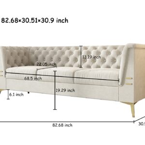 Elegant Tufted Velvet Sofa Couch - Modern Chesterfield 3-Seater Sofa with Removable Cushions, Luxurious Upholstered Button-Tufted Living Room Sofa for Living Room, Office, Apartment (Beige)