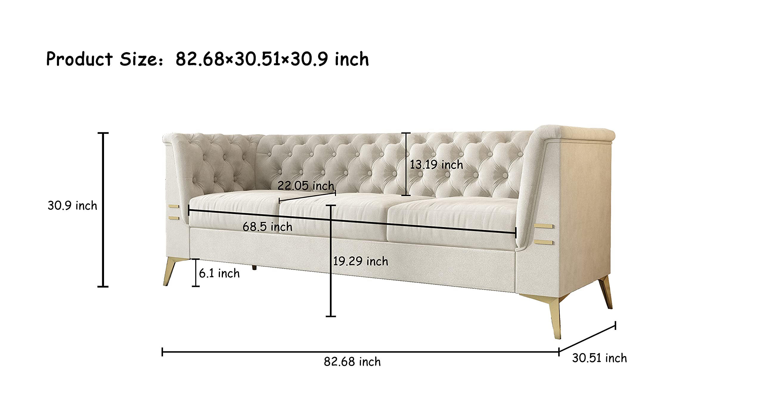 Elegant Tufted Velvet Sofa Couch - Modern Chesterfield 3-Seater Sofa with Removable Cushions, Luxurious Upholstered Button-Tufted Living Room Sofa for Living Room, Office, Apartment (Beige)